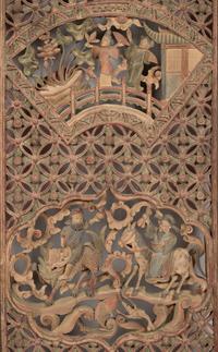 A Group of Four Chinese Pierce-Carved and Polychrome Decorated Window Panels