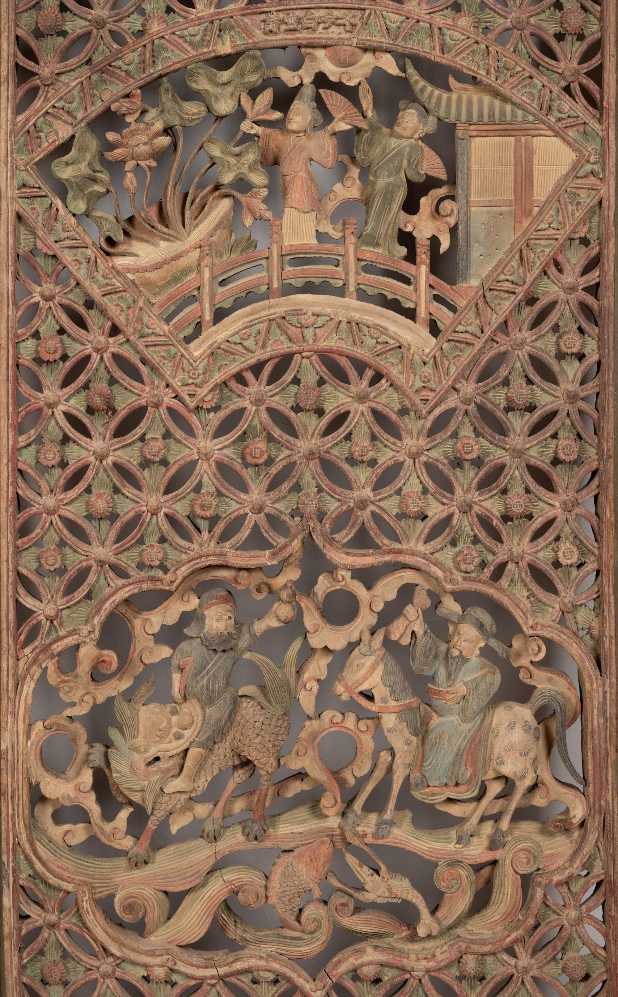 A Group of Four Chinese Pierce-Carved and Polychrome Decorated Window Panels