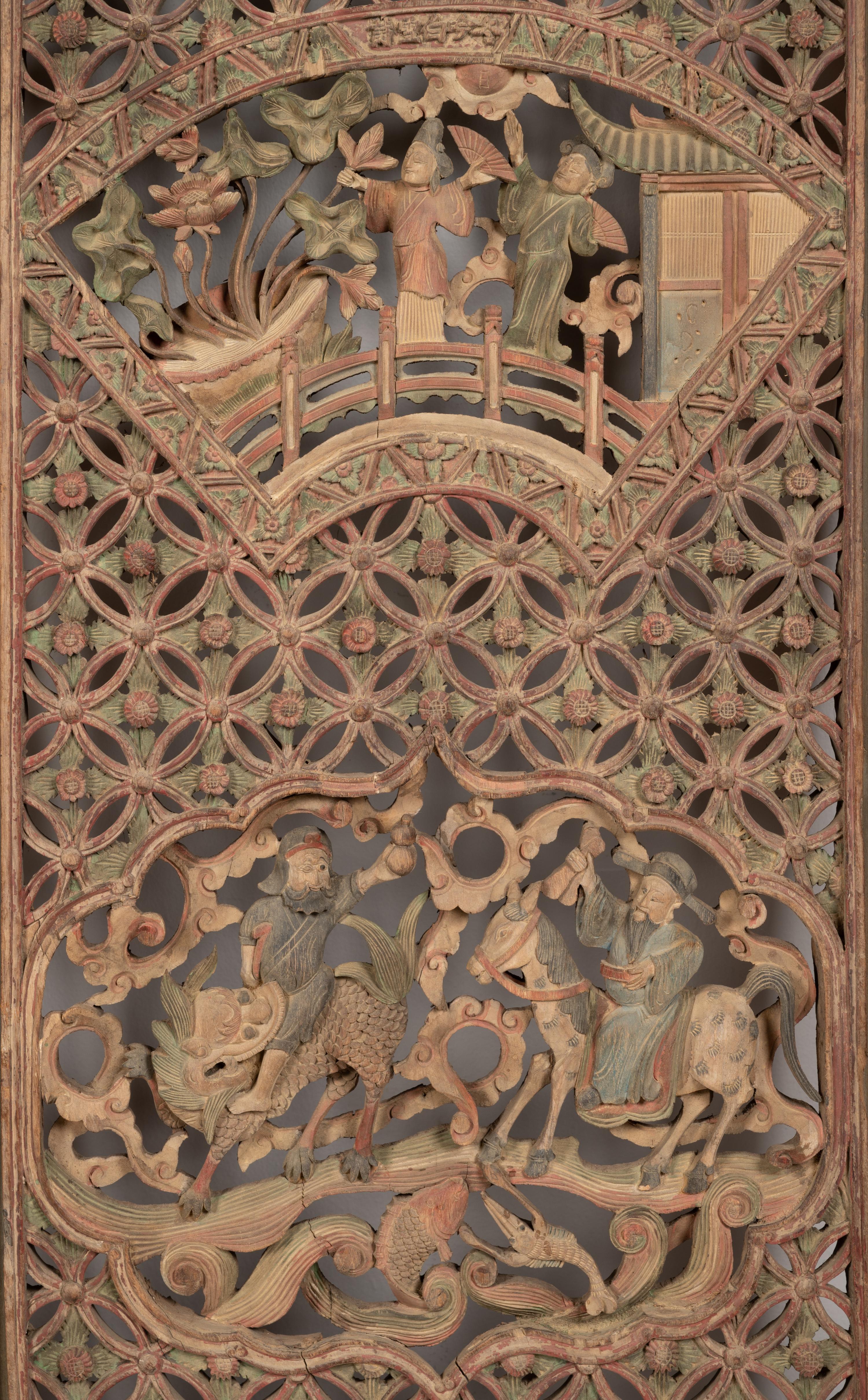 A Group of Four Chinese Pierce-Carved and Polychrome Decorated Window Panels