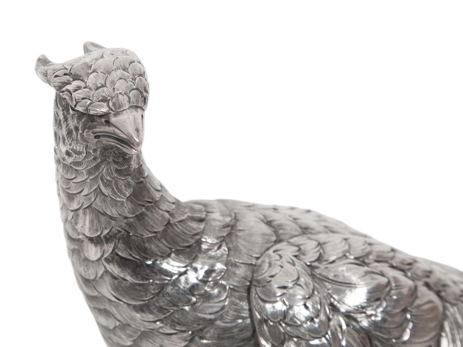 A Pair of Continental Silver Pheasant Table Ornaments