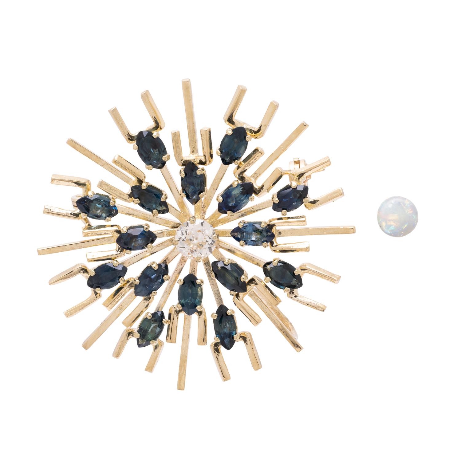 Sapphire, Diamond, and Yellow Gold Pendant Brooch, with a Loose Opal
