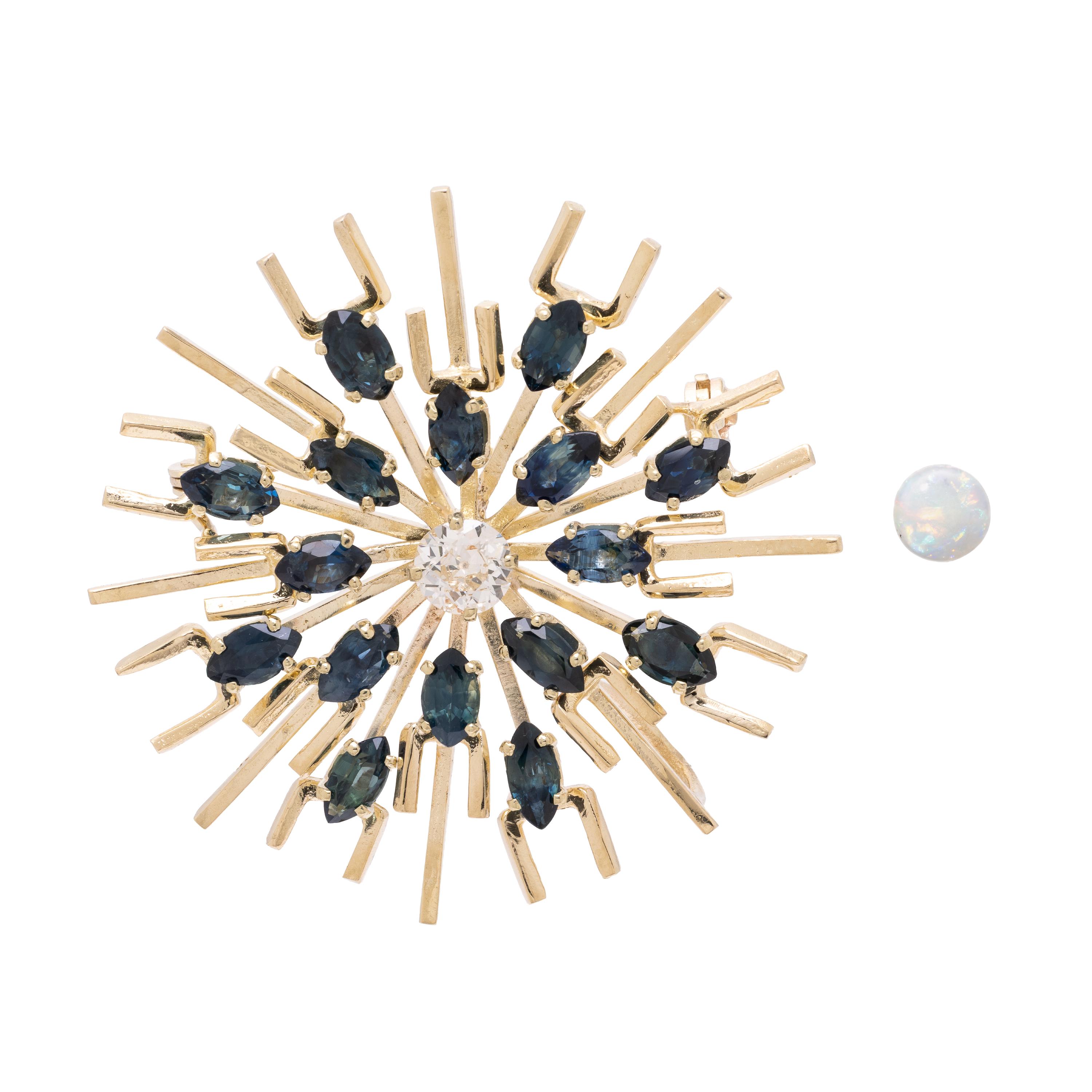 Sapphire, Diamond, and Yellow Gold Pendant Brooch, with a Loose Opal