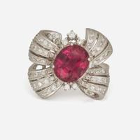 An 18K White Gold, Tourmaline, and Diamond Ring