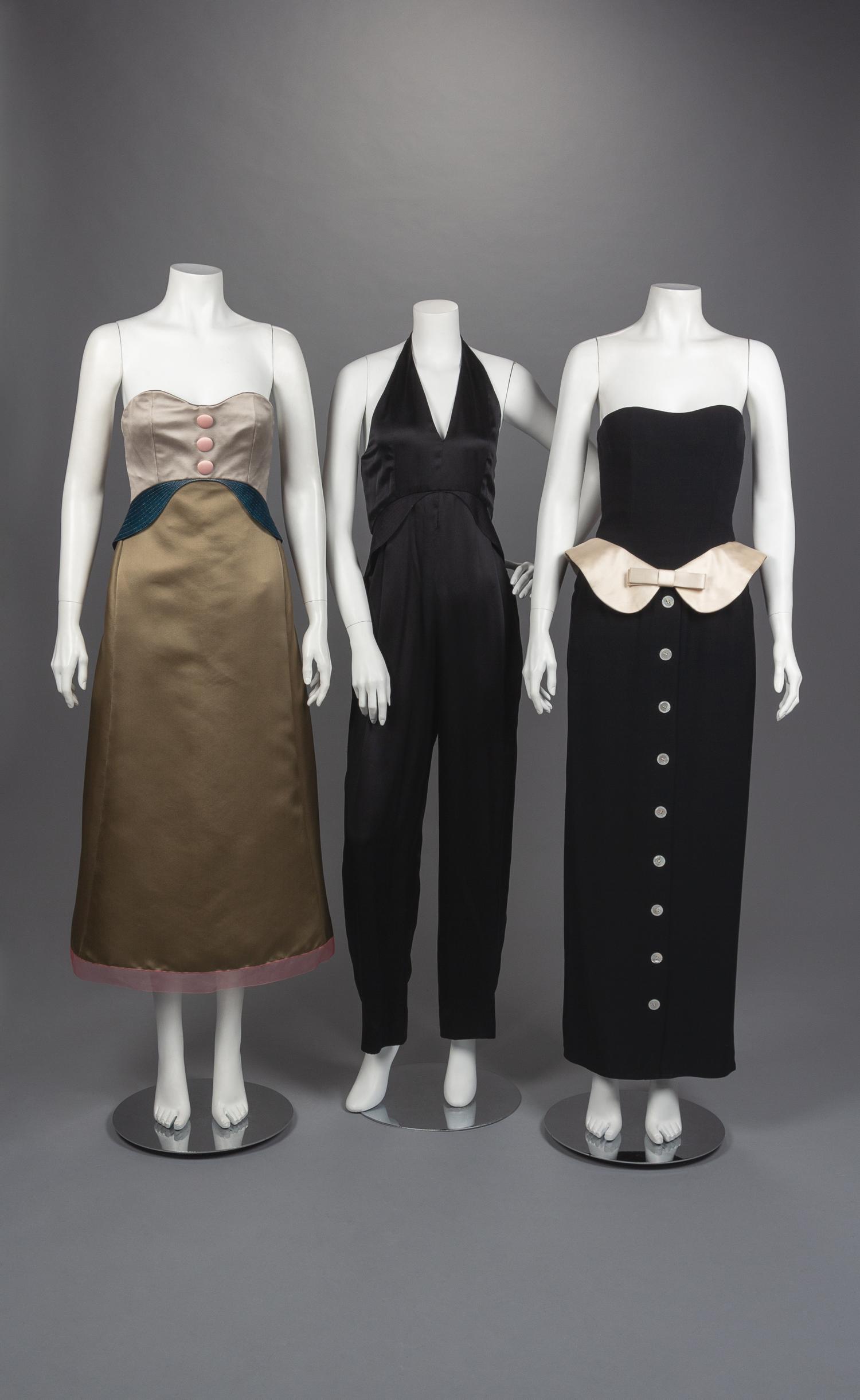 Two Geoffrey Beene Strapless Evening Dresses and One Jumpsuit, Spring 1987