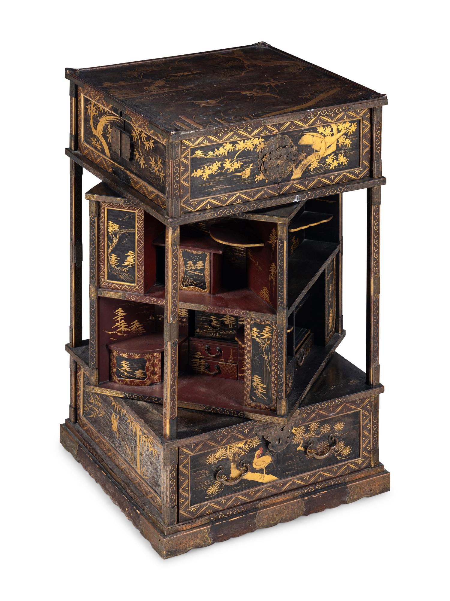 A Japanese Gold, Red, and Brown Lacquer Displaying Cabinet, Kazaridana