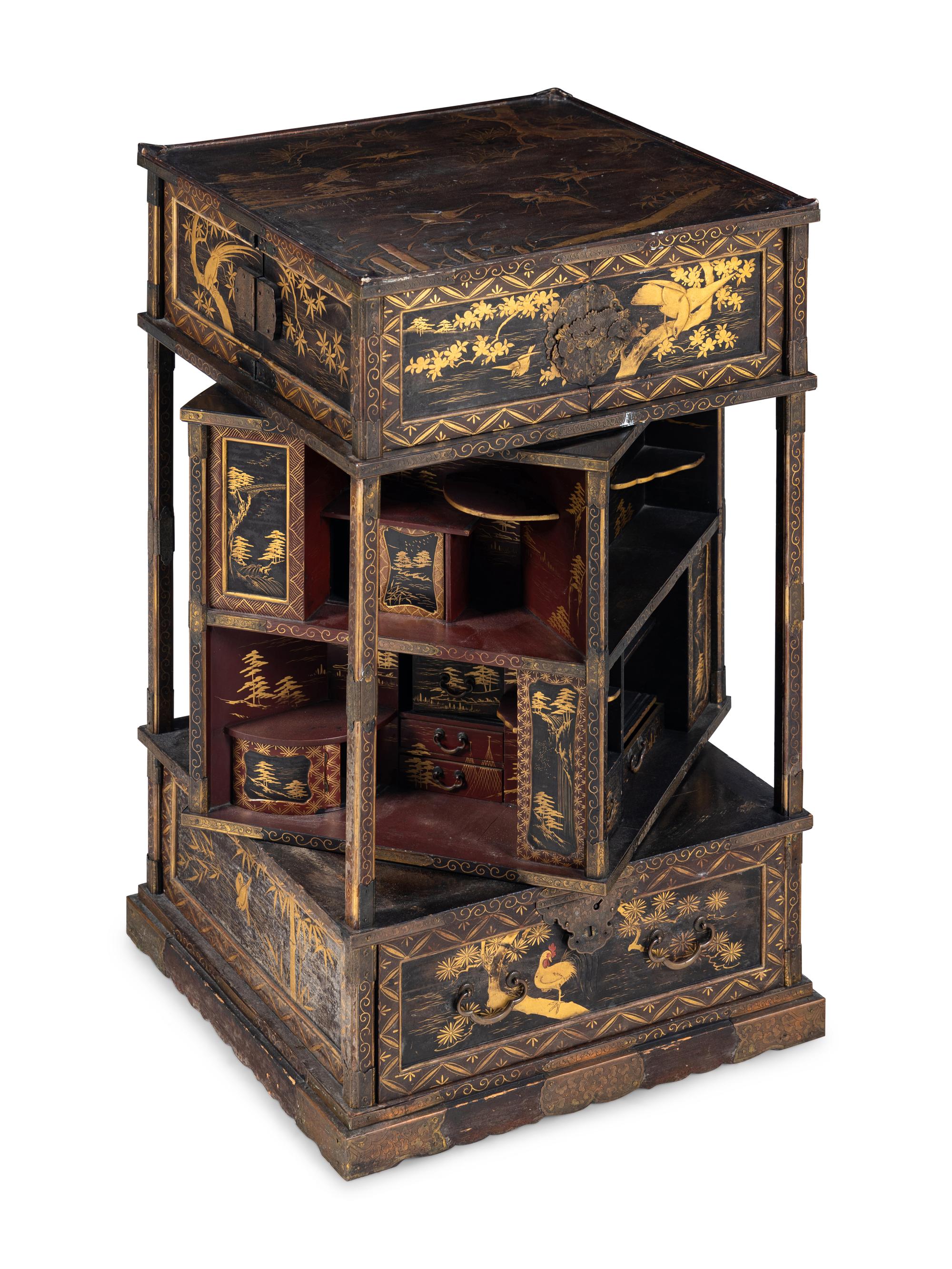 A Japanese Gold, Red, and Brown Lacquer Displaying Cabinet, Kazaridana
