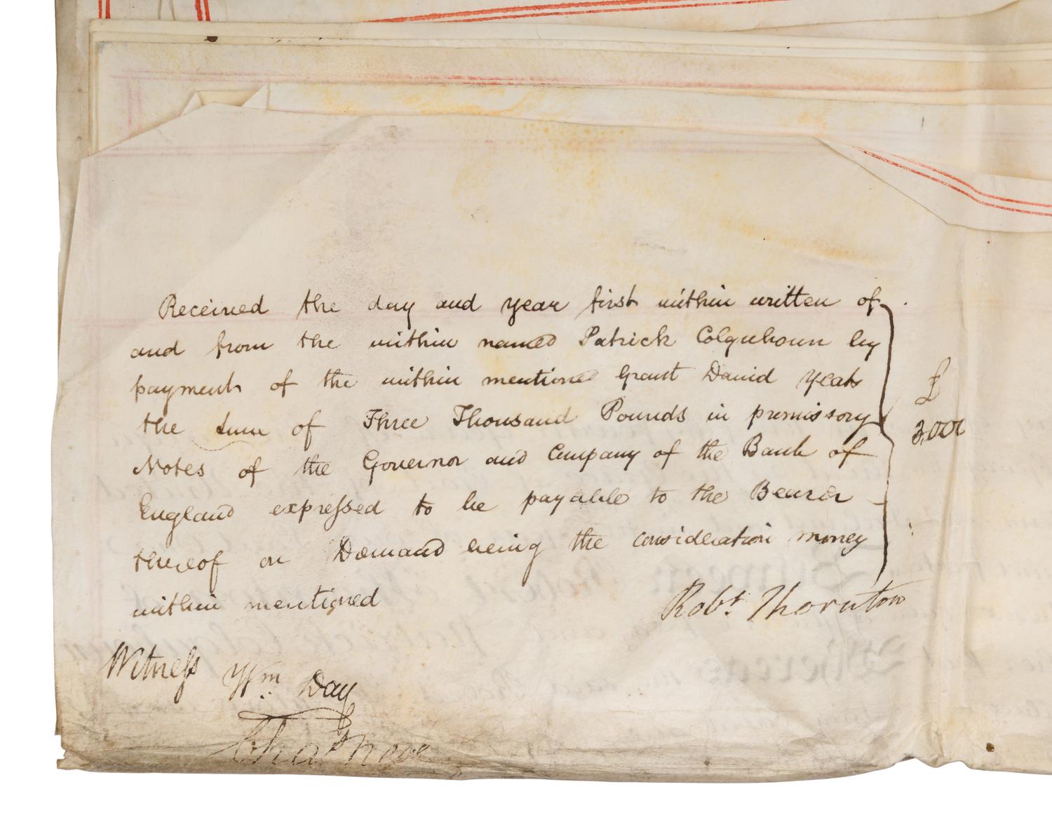 THORNTON, Robert John (1768-1837). Two partially printed indentures signed ("Robt. Thornton") to Patrick Colquhoun ("P. Colquhoun"), regarding a grant of annuity secured against Thornton's art collection to resolve his debts, 30 June - 29 July 1814.