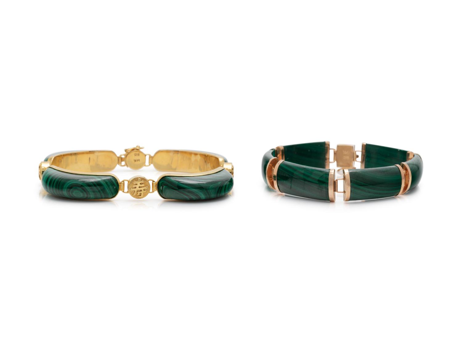 PAIR OF GOLD AND MALACHITE BRACELETS
