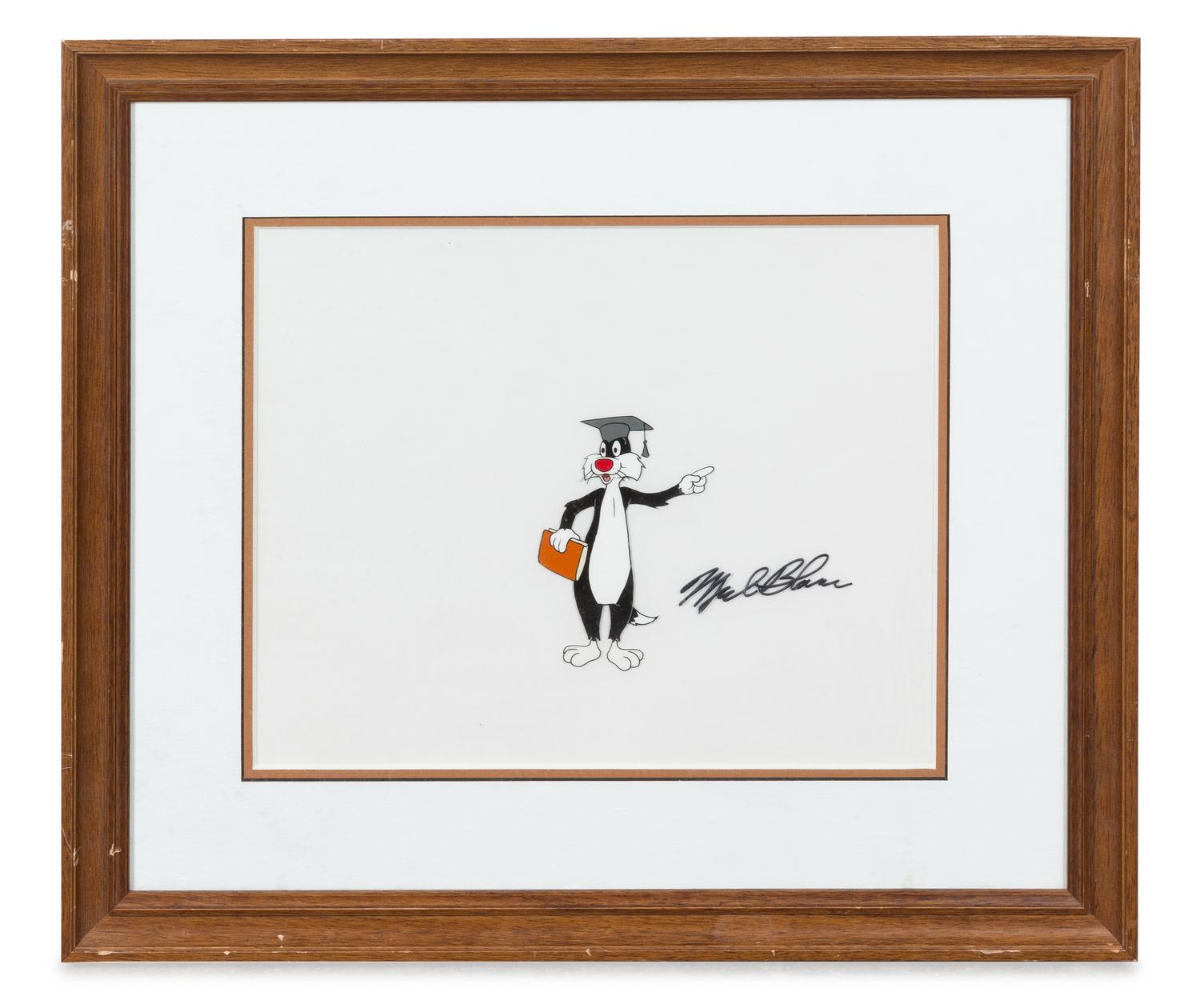 A Mel Blanc Autographed Animation Cel of Sylvester Cat 15 3/4 x 17 3/4 inches overall.
