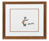 A Mel Blanc Autographed Animation Cel of Sylvester Cat 15 3/4 x 17 3/4 inches overall.