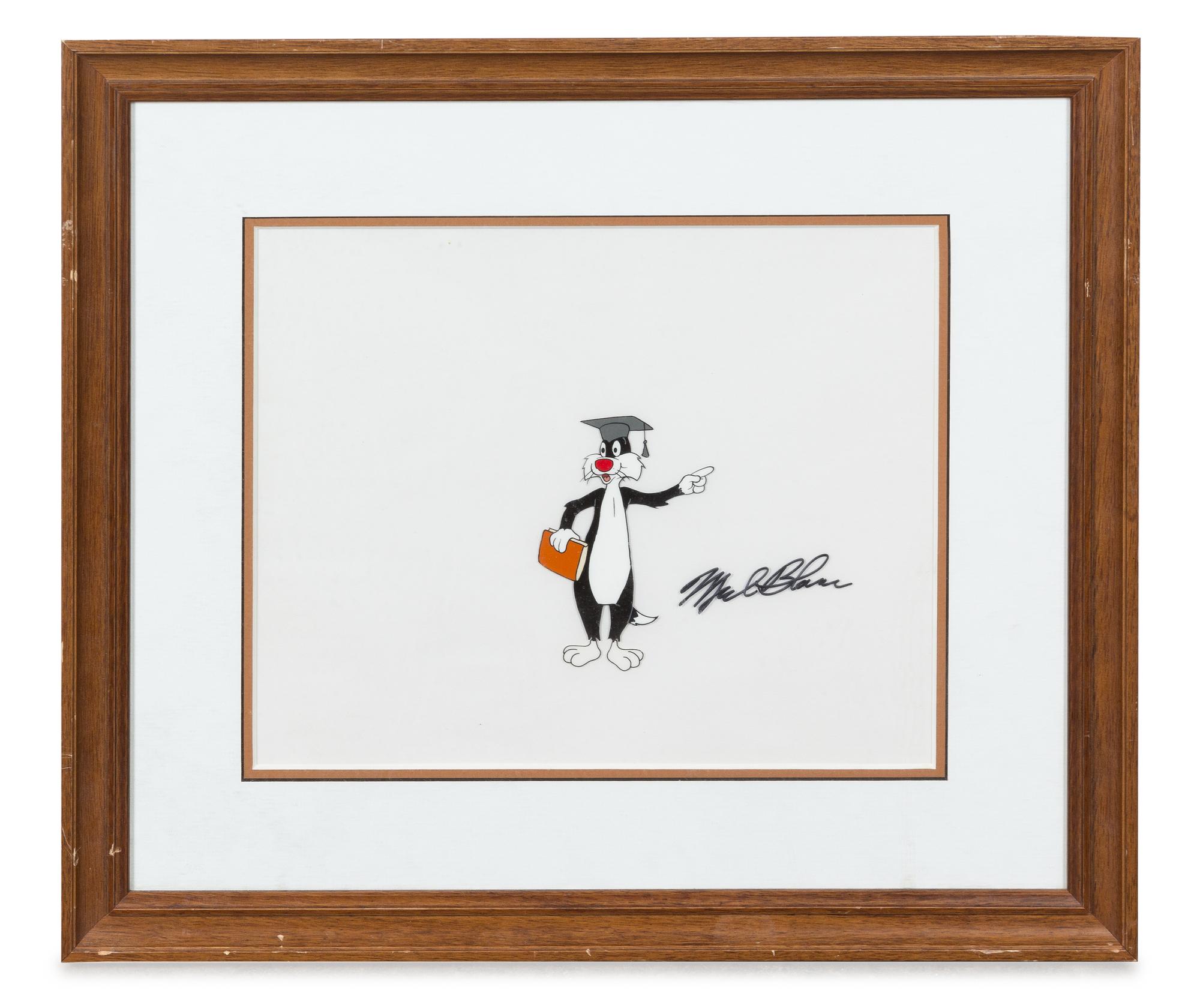 A Mel Blanc Autographed Animation Cel of Sylvester Cat 15 3/4 x 17 3/4 inches overall.