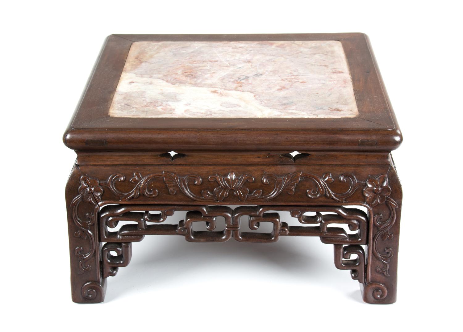 A Chinese Export Carved Rosewood Low Pedestal Height 9 3/4 x width 16 1/4 x depth 16 1/4 inches. — 20TH CENTURY
