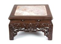 A Chinese Export Carved Rosewood Low Pedestal Height 9 3/4 x width 16 1/4 x depth 16 1/4 inches. — 20TH CENTURY