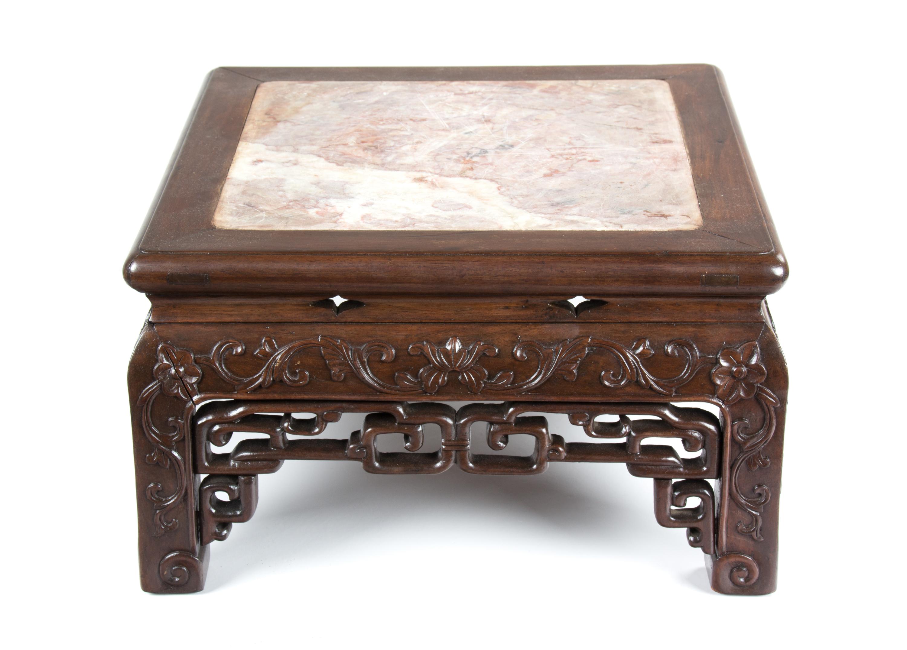 A Chinese Export Carved Rosewood Low Pedestal Height 9 3/4 x width 16 1/4 x depth 16 1/4 inches. — 20TH CENTURY