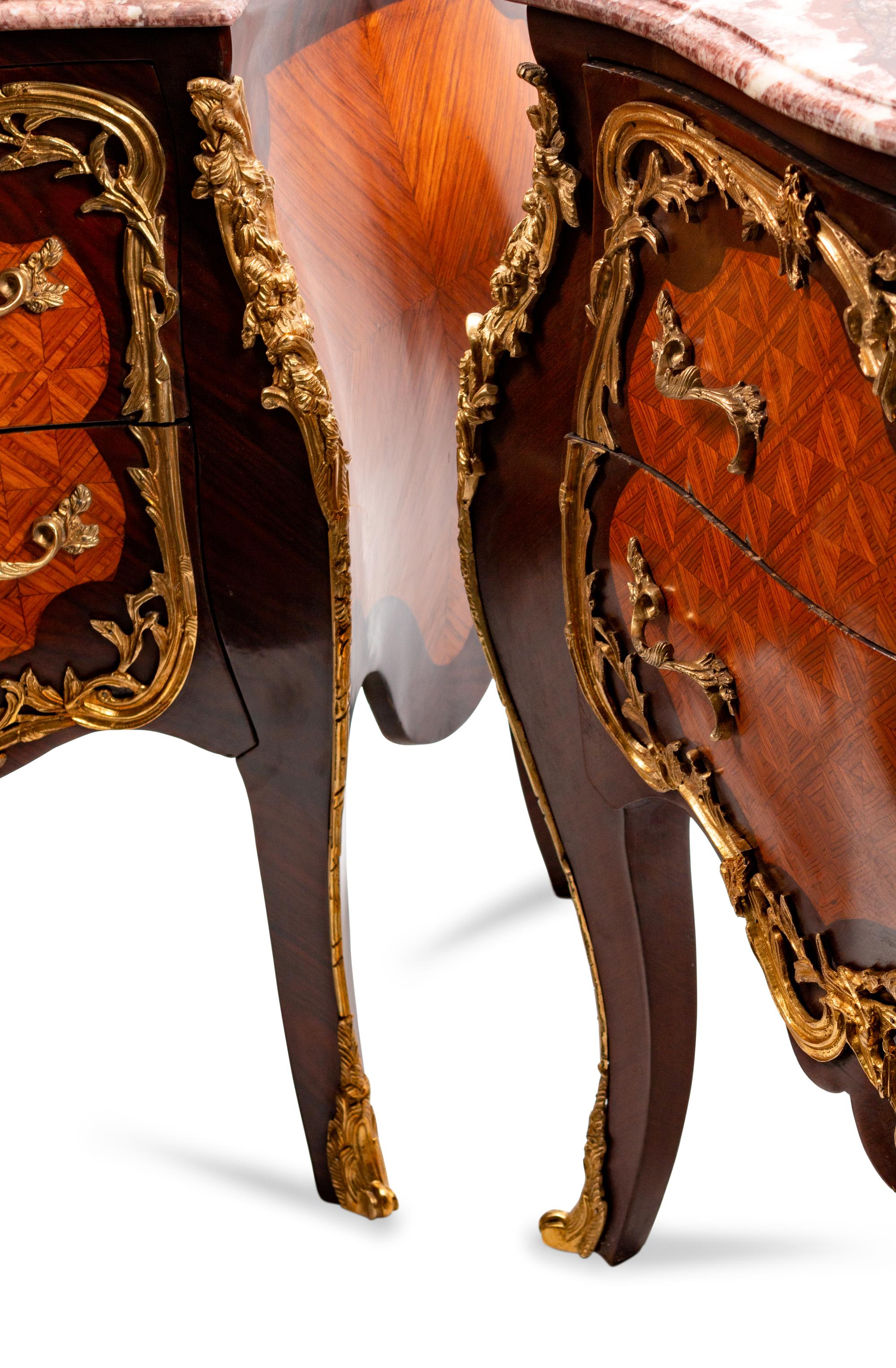 A Pair of Louis XV Style Gilt-Bronze-Mounted Inlaid Kingwood and Tulipwood Commodes
