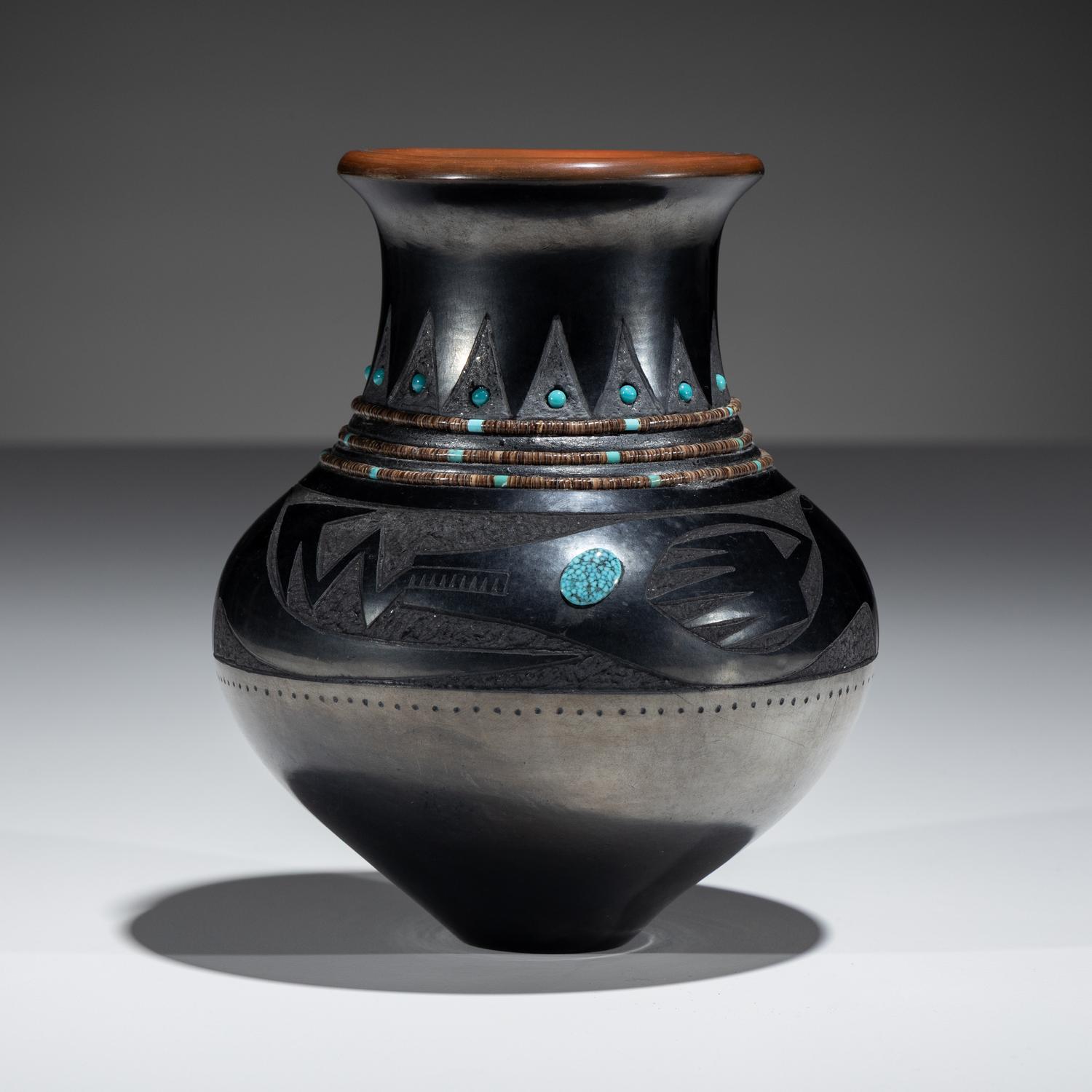 Black and Sienna Sgraffito Pottery Vase, with Heishi and Turquoise Beads