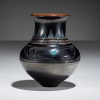 Black and Sienna Sgraffito Pottery Vase, with Heishi and Turquoise Beads