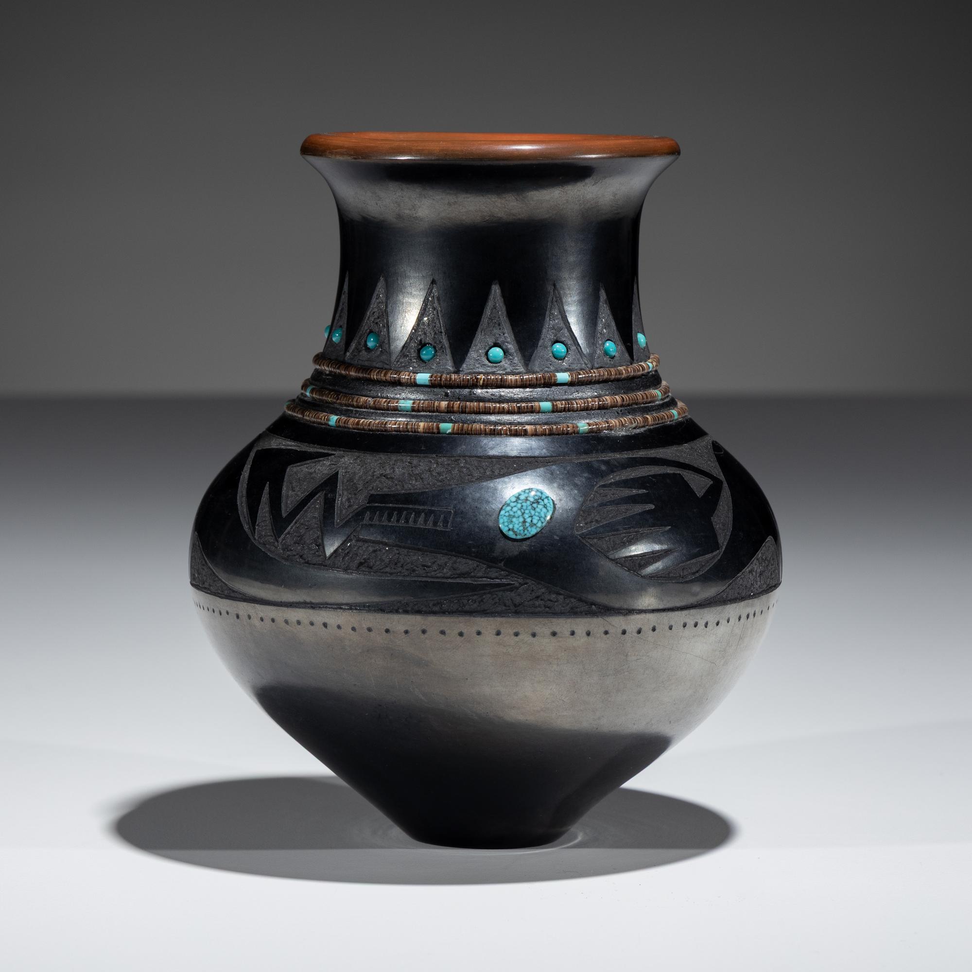Black and Sienna Sgraffito Pottery Vase, with Heishi and Turquoise Beads