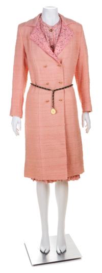 A Chanel Pink Silk Dress and Tweed Coat Ensemble, No size; Adjustable Belt: 35".