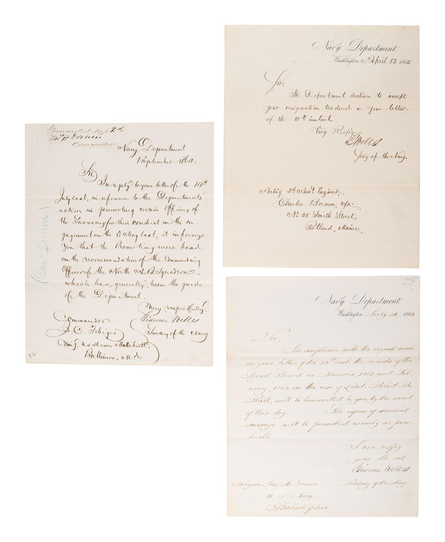 [CIVIL WAR - NAVY] -- WELLES, Gideon (1802-1878). Group of 3 letters signed by Welles, comprising: