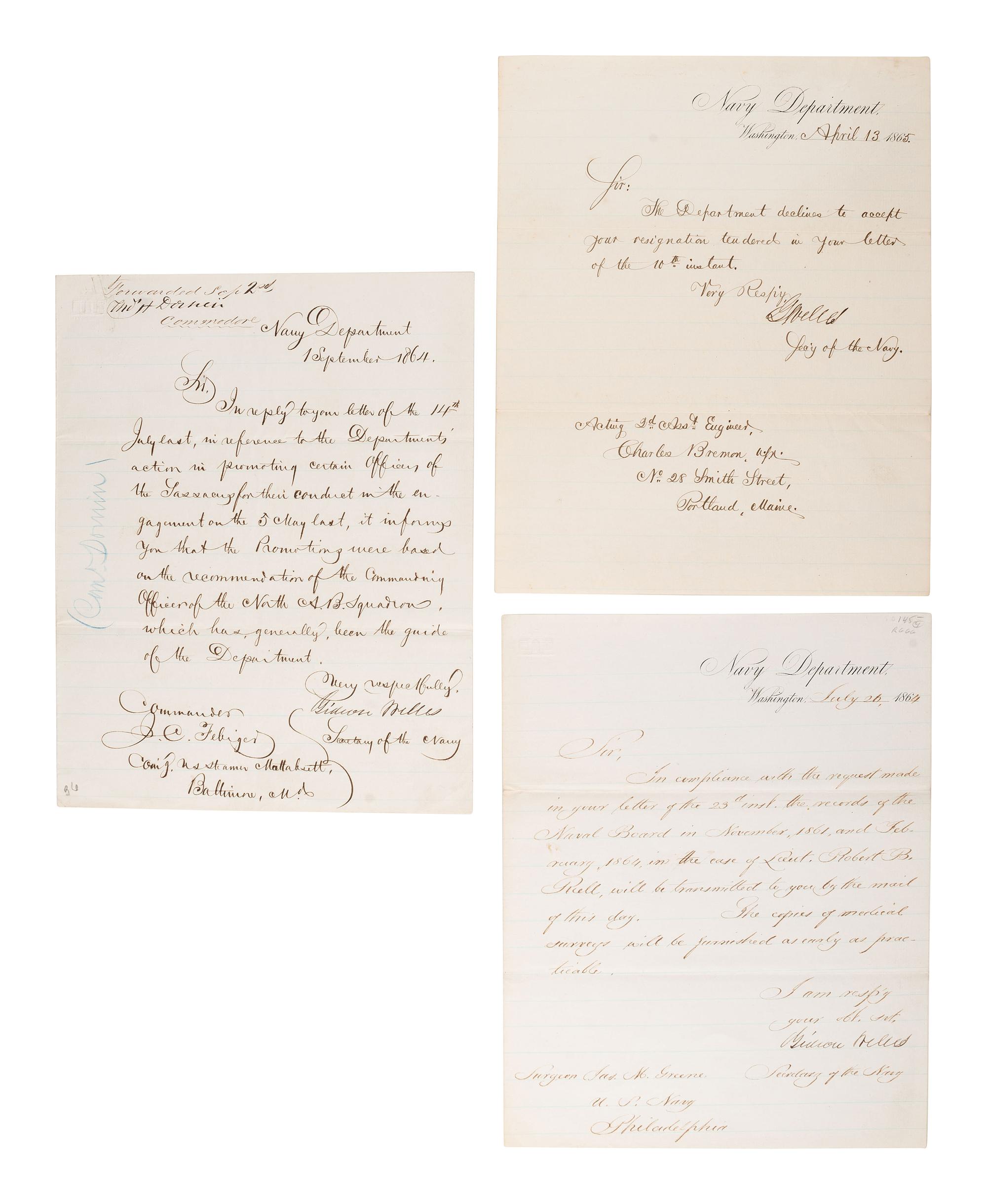[CIVIL WAR - NAVY] -- WELLES, Gideon (1802-1878). Group of 3 letters signed by Welles, comprising: