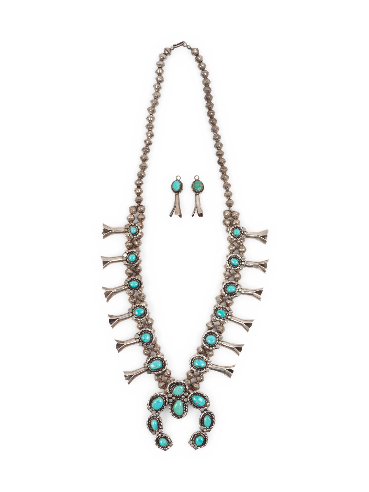 Navajo Silver and Turquoise Squash Blossom Necklace and Earrings