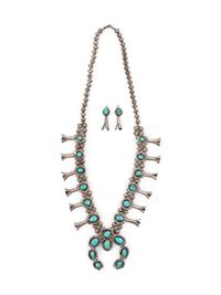 Navajo Silver and Turquoise Squash Blossom Necklace and Earrings
