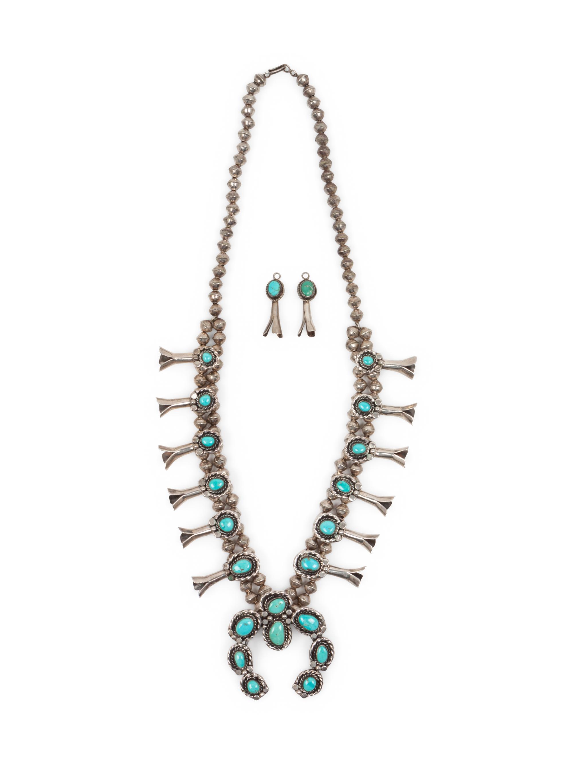 Navajo Silver and Turquoise Squash Blossom Necklace and Earrings