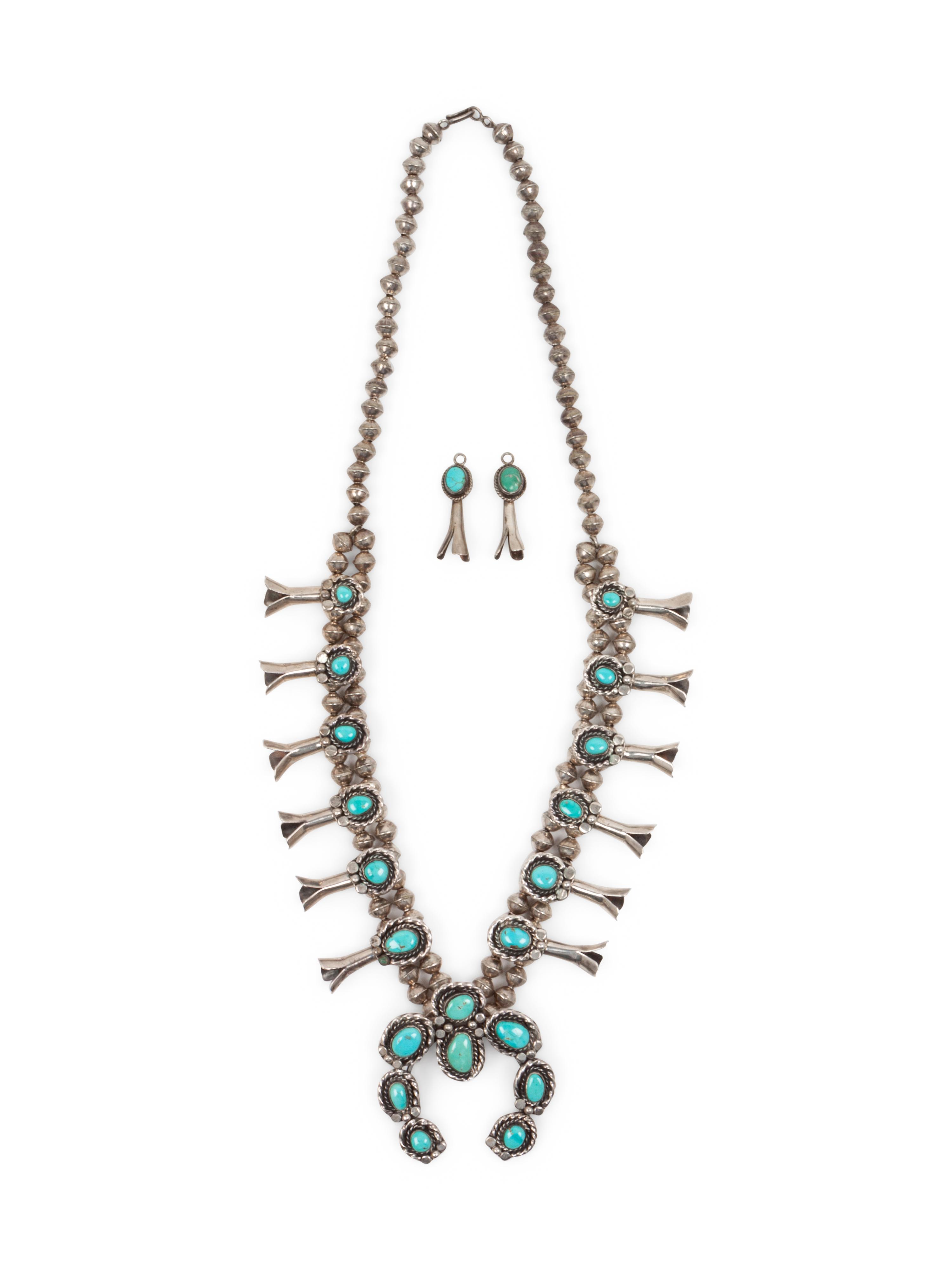 Navajo Silver and Turquoise Squash Blossom Necklace and Earrings