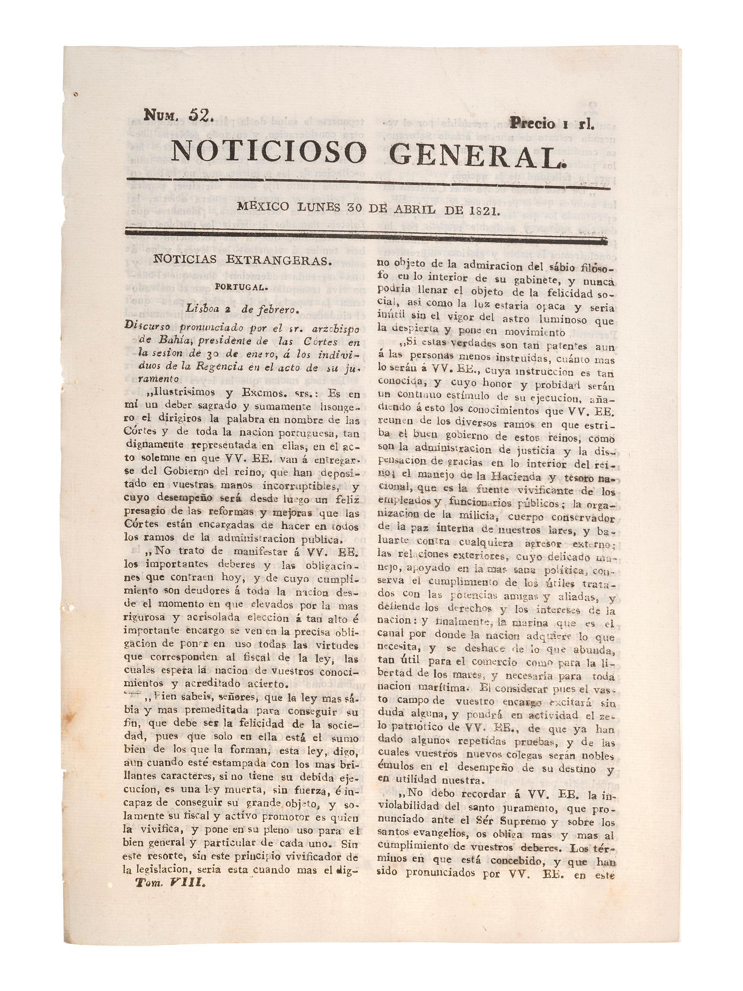 [MEXICAN WAR OF INDEPENDENCE]. Noticioso General. No. 52. Mexico, 30 April 1821.