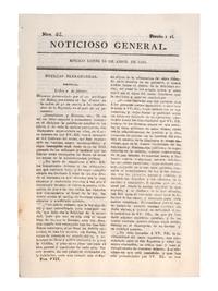 [MEXICAN WAR OF INDEPENDENCE]. Noticioso General. No. 52. Mexico, 30 April 1821.