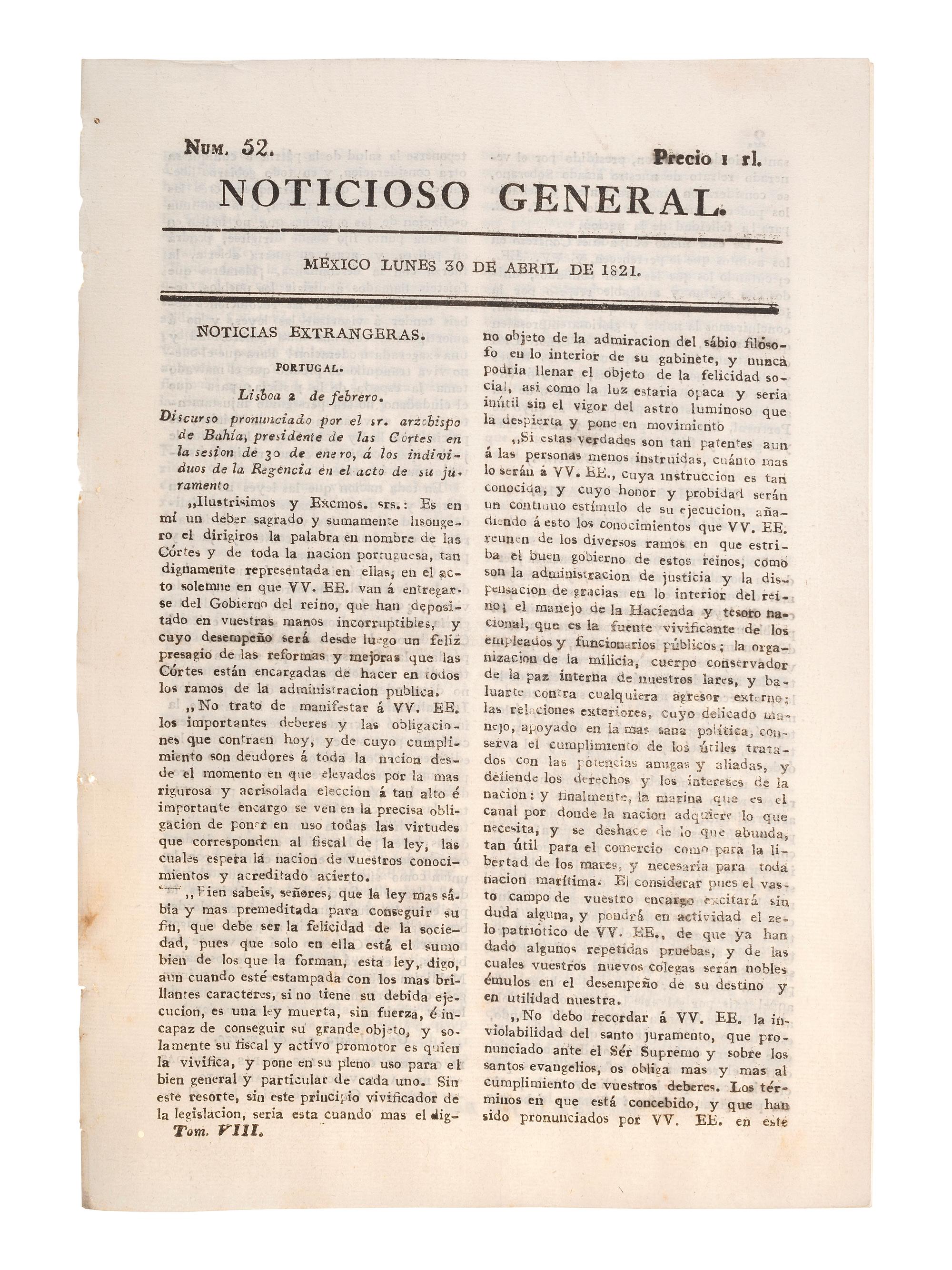 [MEXICAN WAR OF INDEPENDENCE]. Noticioso General. No. 52. Mexico, 30 April 1821.