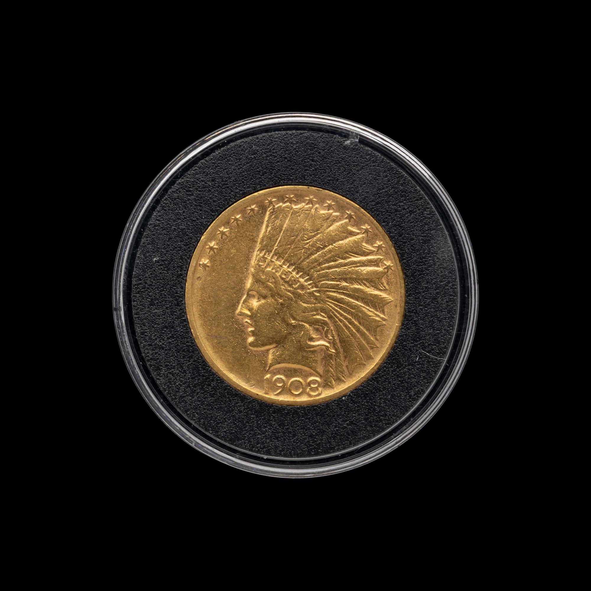 A 1908-D Indian Head: No Motto $10 Gold Coin