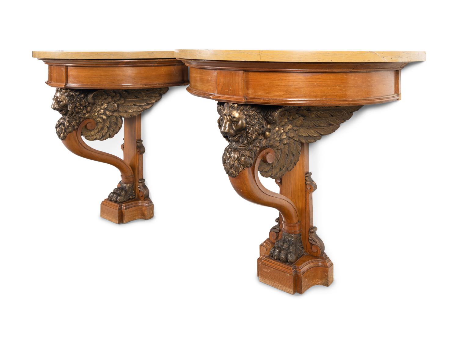 A Pair of North European Neoclassical Style Parcel-Gilt Oak Marble-Top Console Tables