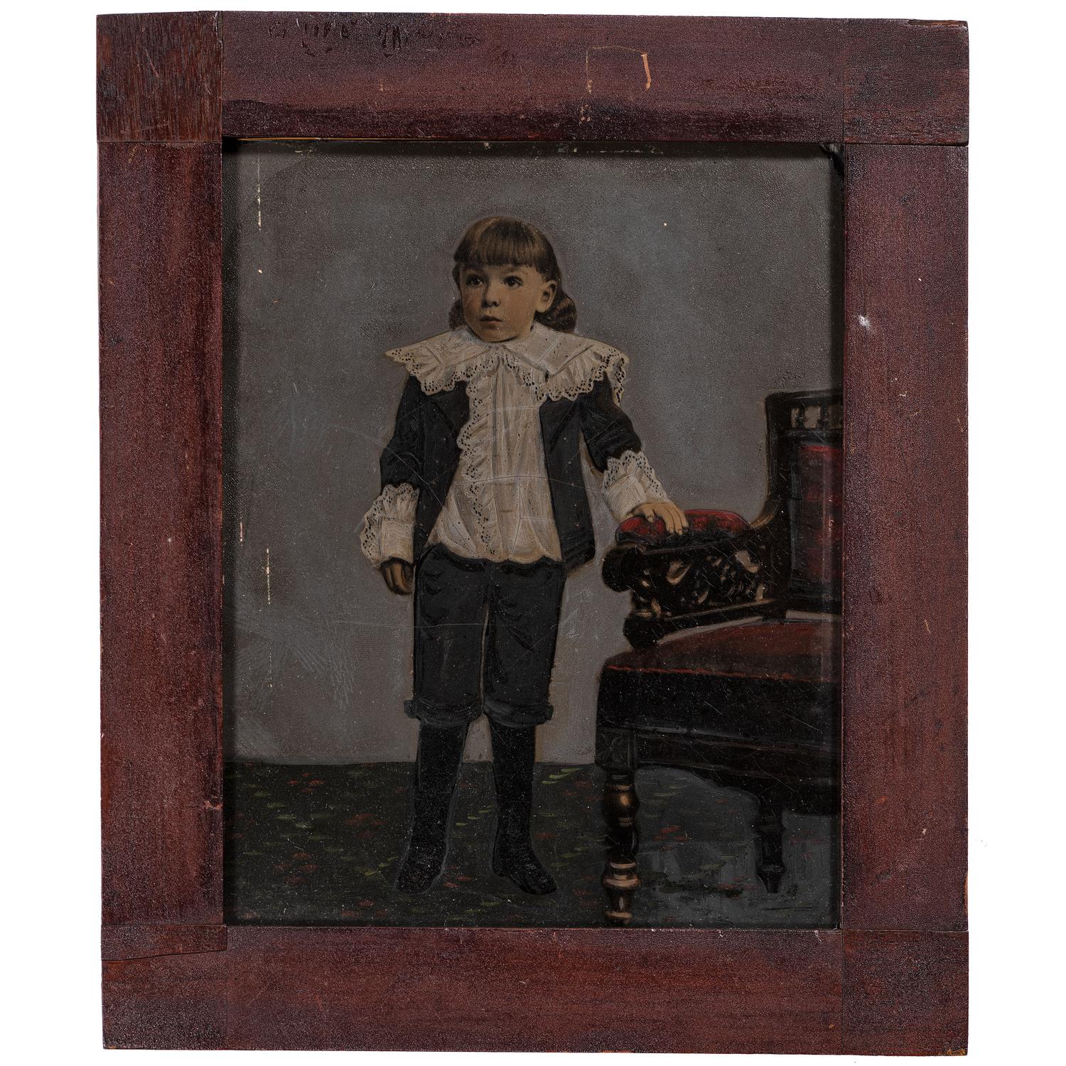 [EARLY PHOTOGRAPHY - PORTRAITURE]. A group of 7 folk art hand-painted tintypes featuring children, including: