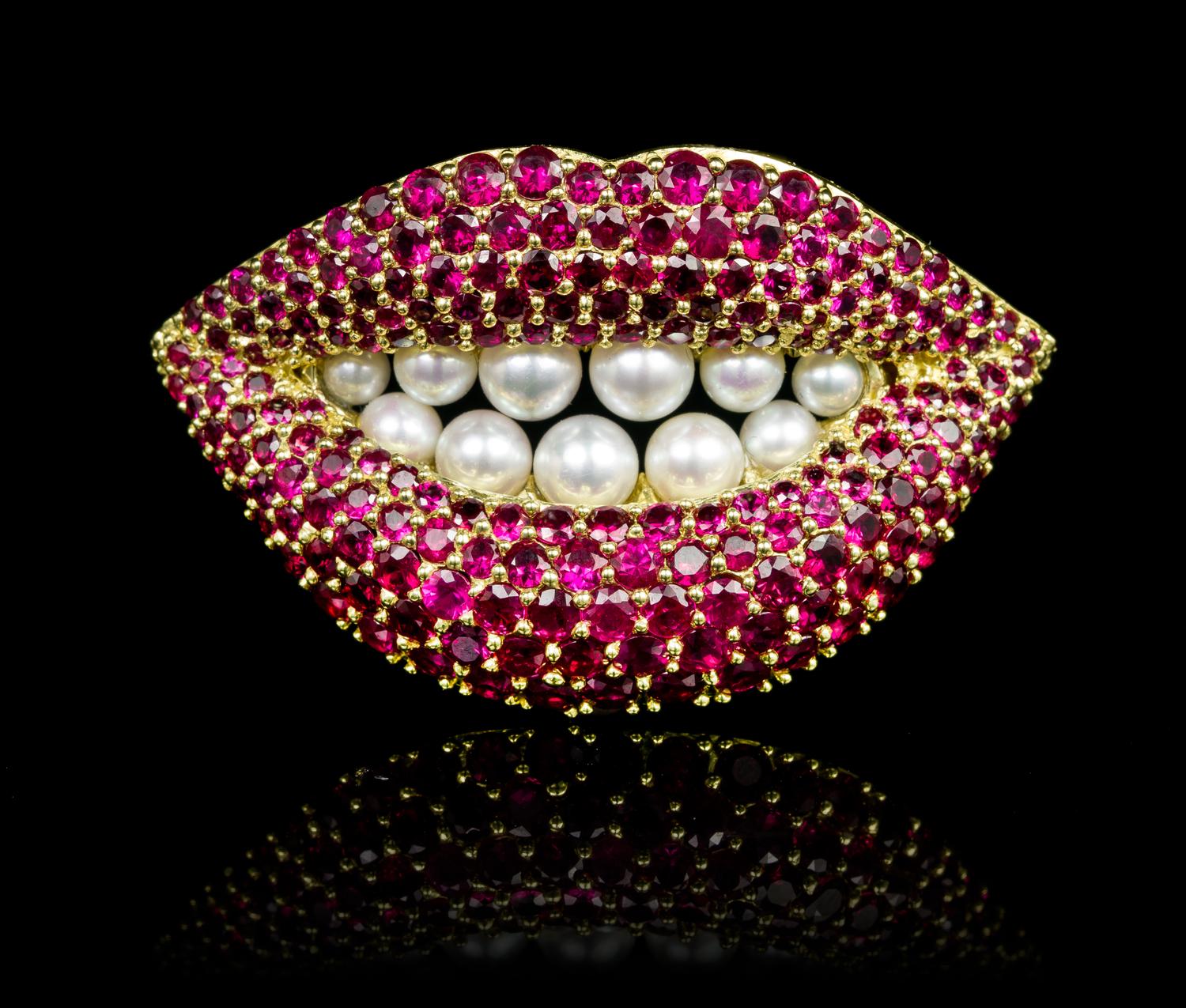 An 18 Karat Yellow Gold, Ruby and Cultured Pearl Lips Brooch, Henryk Kaston for Salvador Dali, 16.80 dwts.
