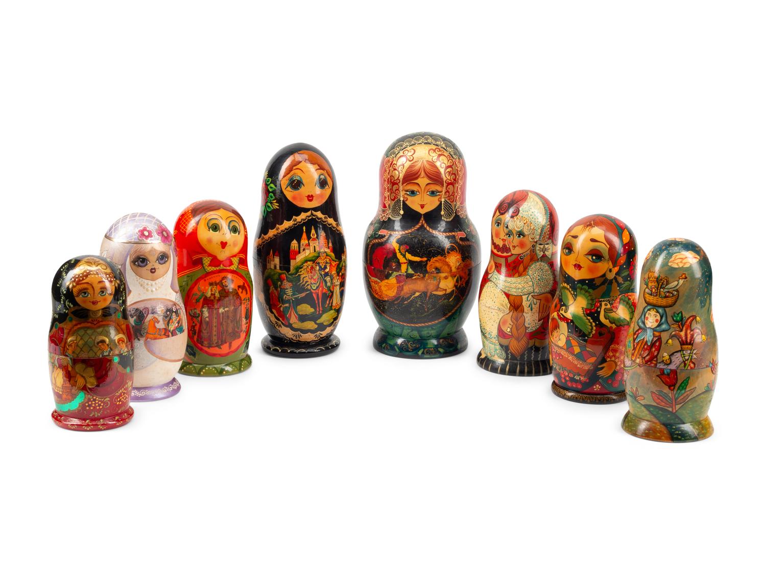 A Collection of Eight Russian Lacquer Matryoshka Nesting Dolls