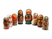 A Collection of Eight Russian Lacquer Matryoshka Nesting Dolls