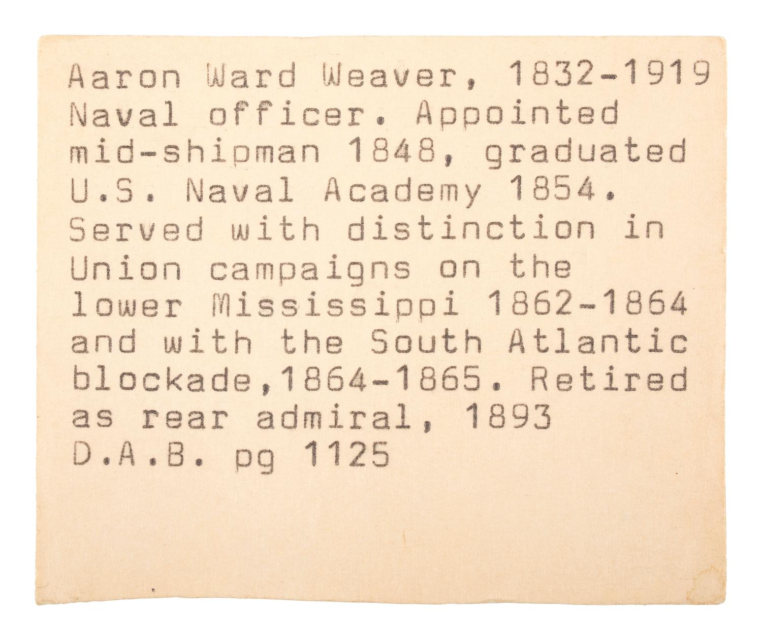 [CIVIL WAR]. Sixth plate daguerreotype of Union Naval Officer Aaron Ward Weaver. Ca 1850s.