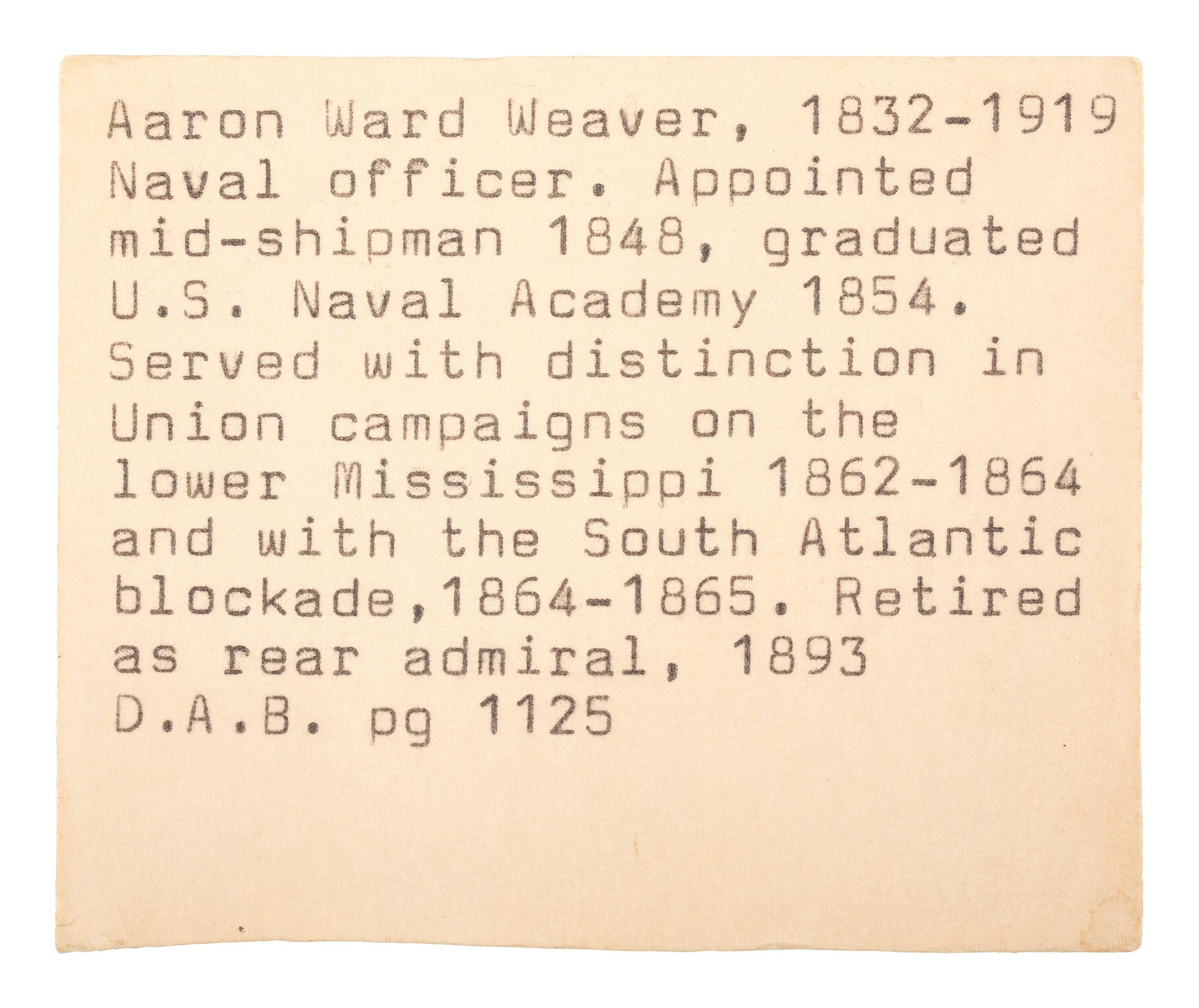 [CIVIL WAR]. Sixth plate daguerreotype of Union Naval Officer Aaron Ward Weaver. Ca 1850s.