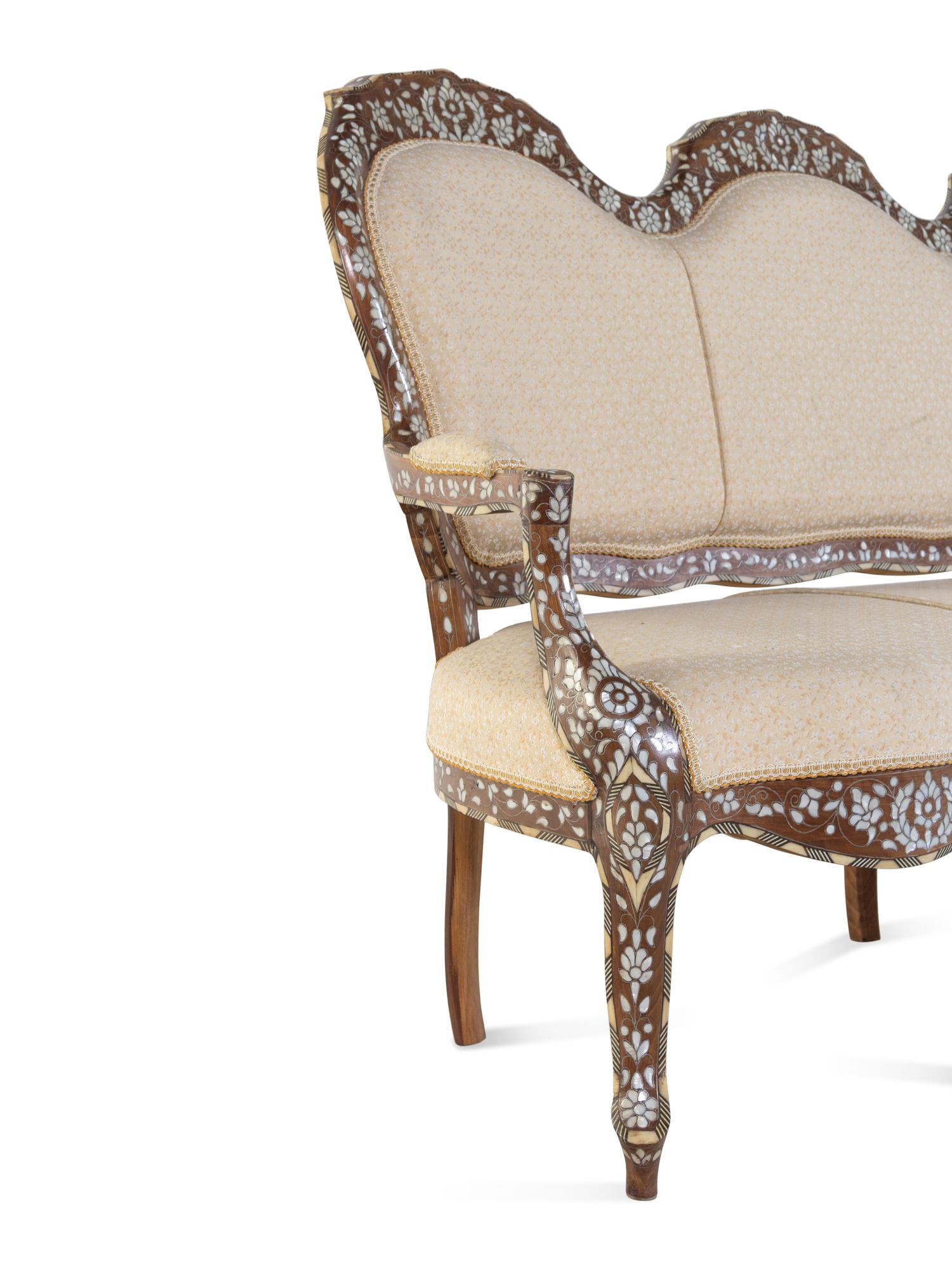 A Syrian Mother-of-Pearl and Metal Inlaid Walnut Settee