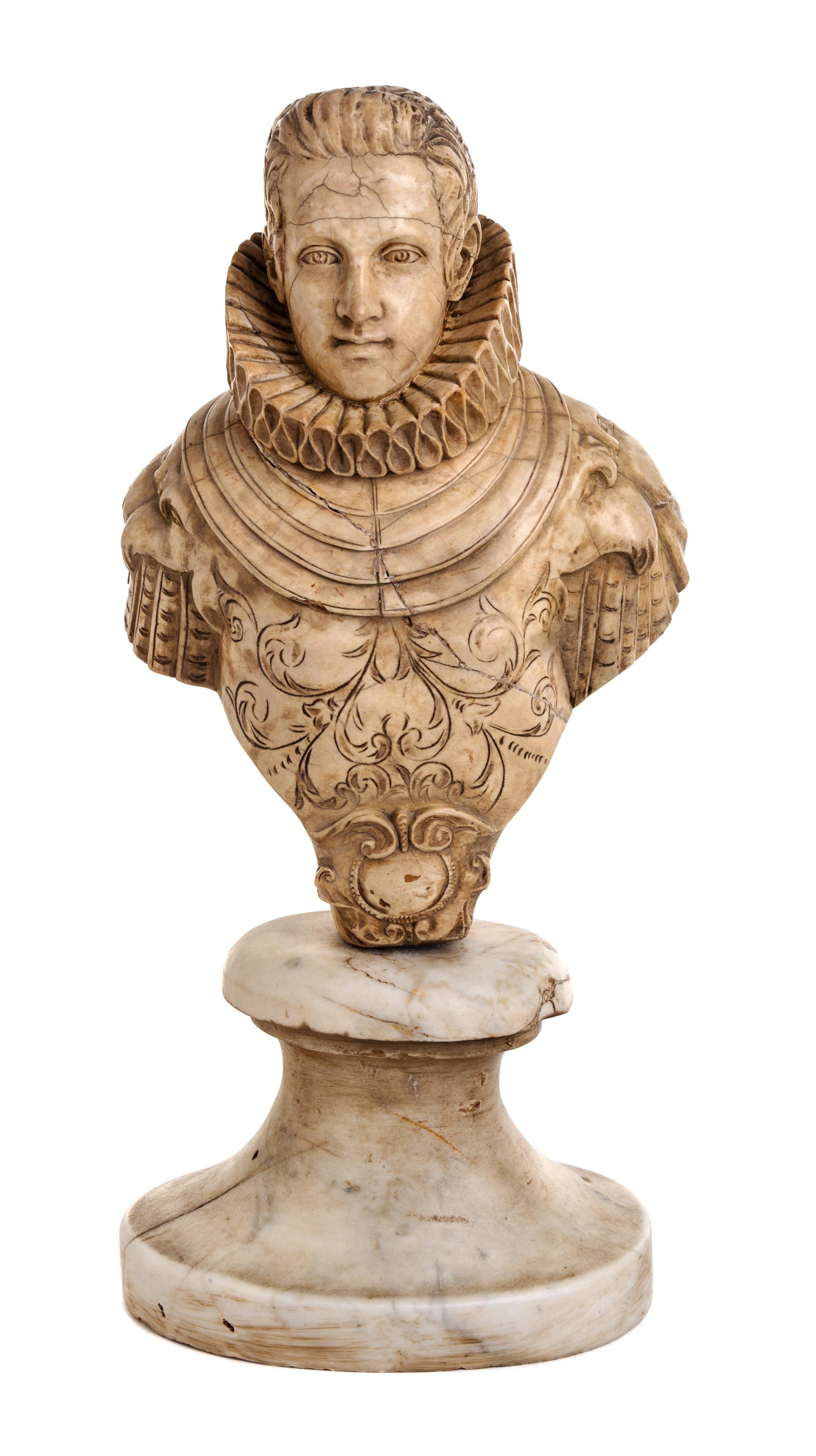 A Continental Alabaster Bust Height overall 21 1/4 inches. — PROBABLY SPANISH, 17TH CENTURY