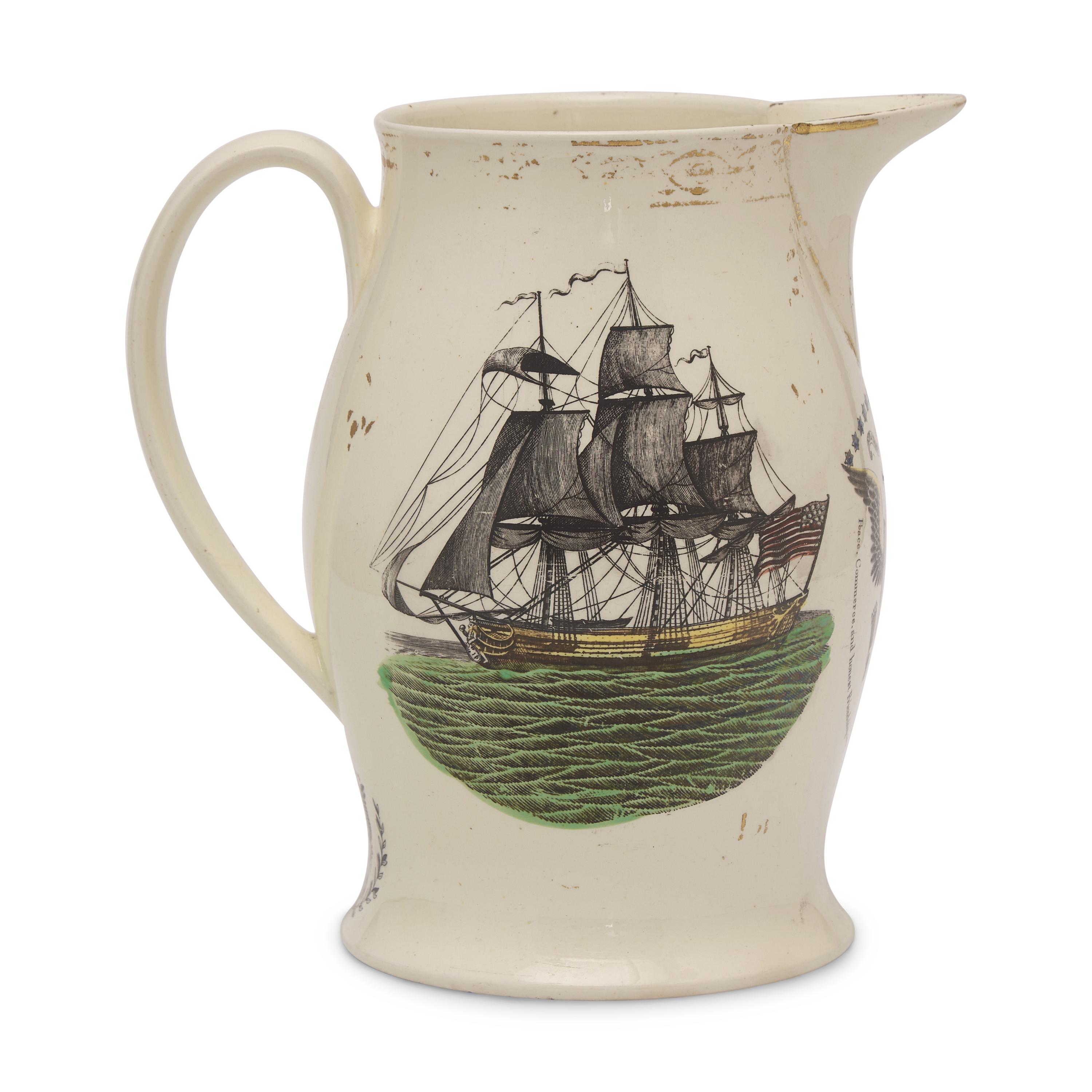 A Liverpool Commemorative Creamware Enameled Transferware Jug