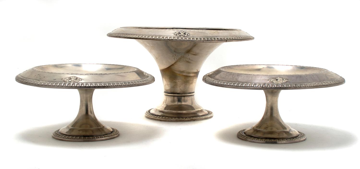 An American Sterling Silver Three Piece Garniture, Dominick & Haff, Height of first 6 1/4 inches.