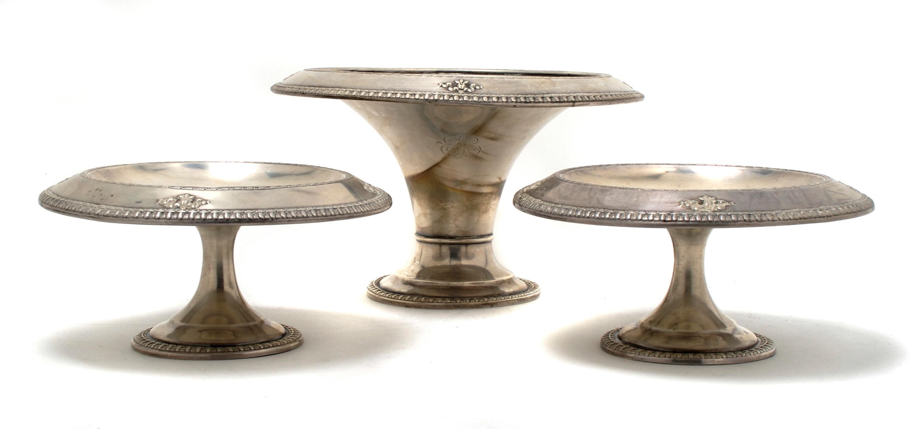 An American Sterling Silver Three Piece Garniture, Dominick & Haff, Height of first 6 1/4 inches.