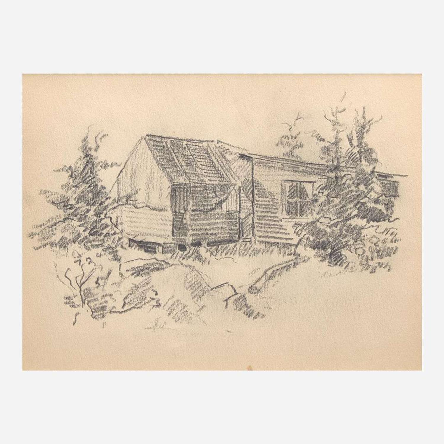 John Fulton Folinsbee (American, 1892-1972) 'Farm, Overturned Boat on Water', together with 'Cabin and Pines'