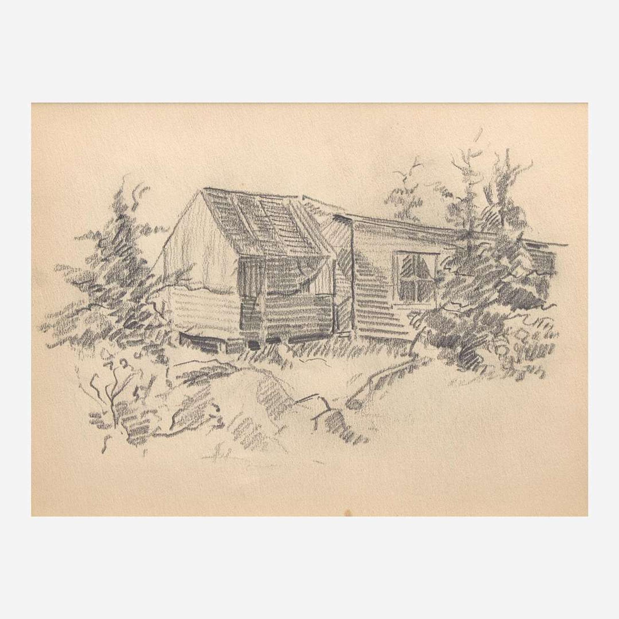 John Fulton Folinsbee (American, 1892-1972) 'Farm, Overturned Boat on Water', together with 'Cabin and Pines'