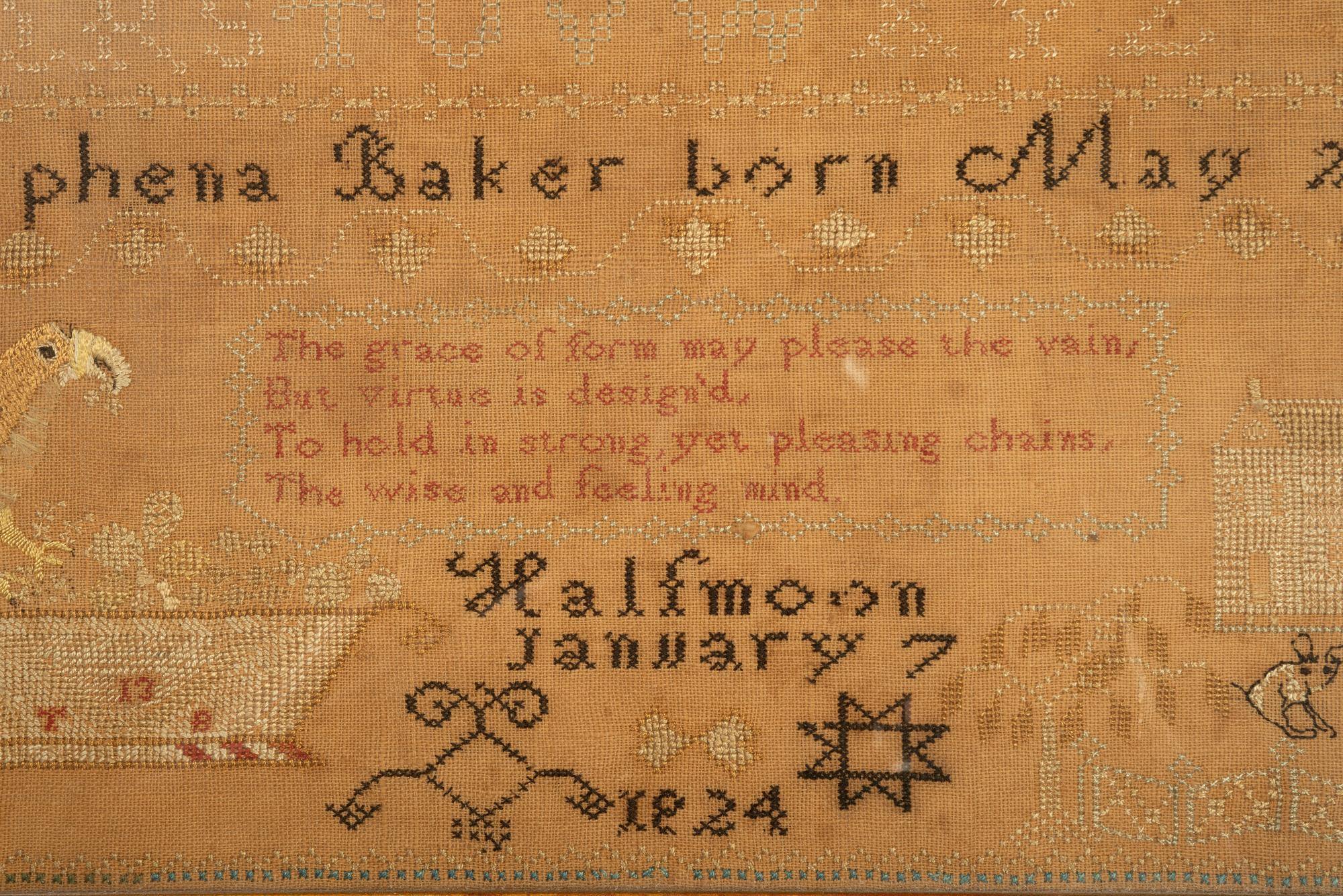 A Needlework Embroidered Sampler, Wrought by Tryphena Baker