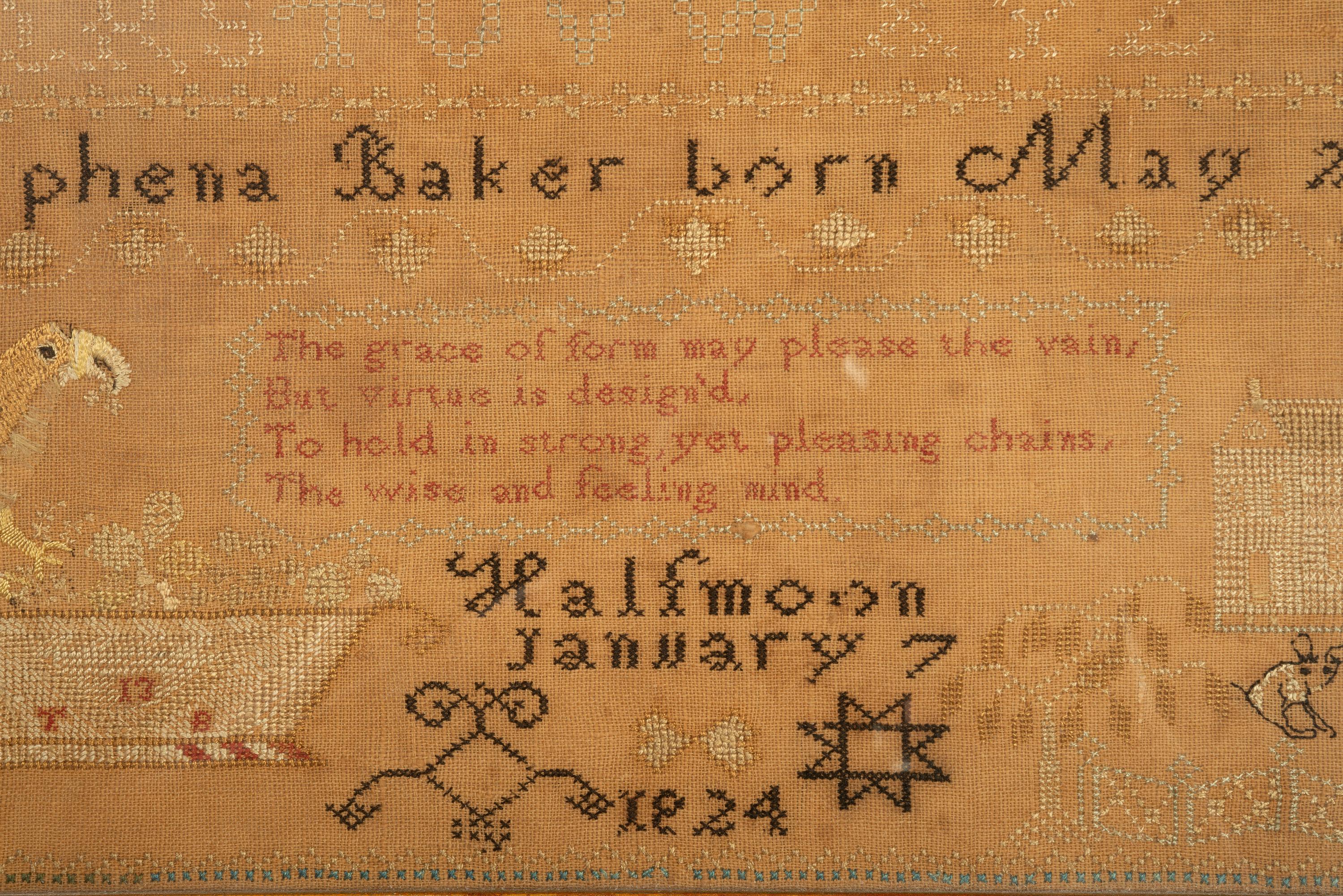 A Needlework Embroidered Sampler, Wrought by Tryphena Baker