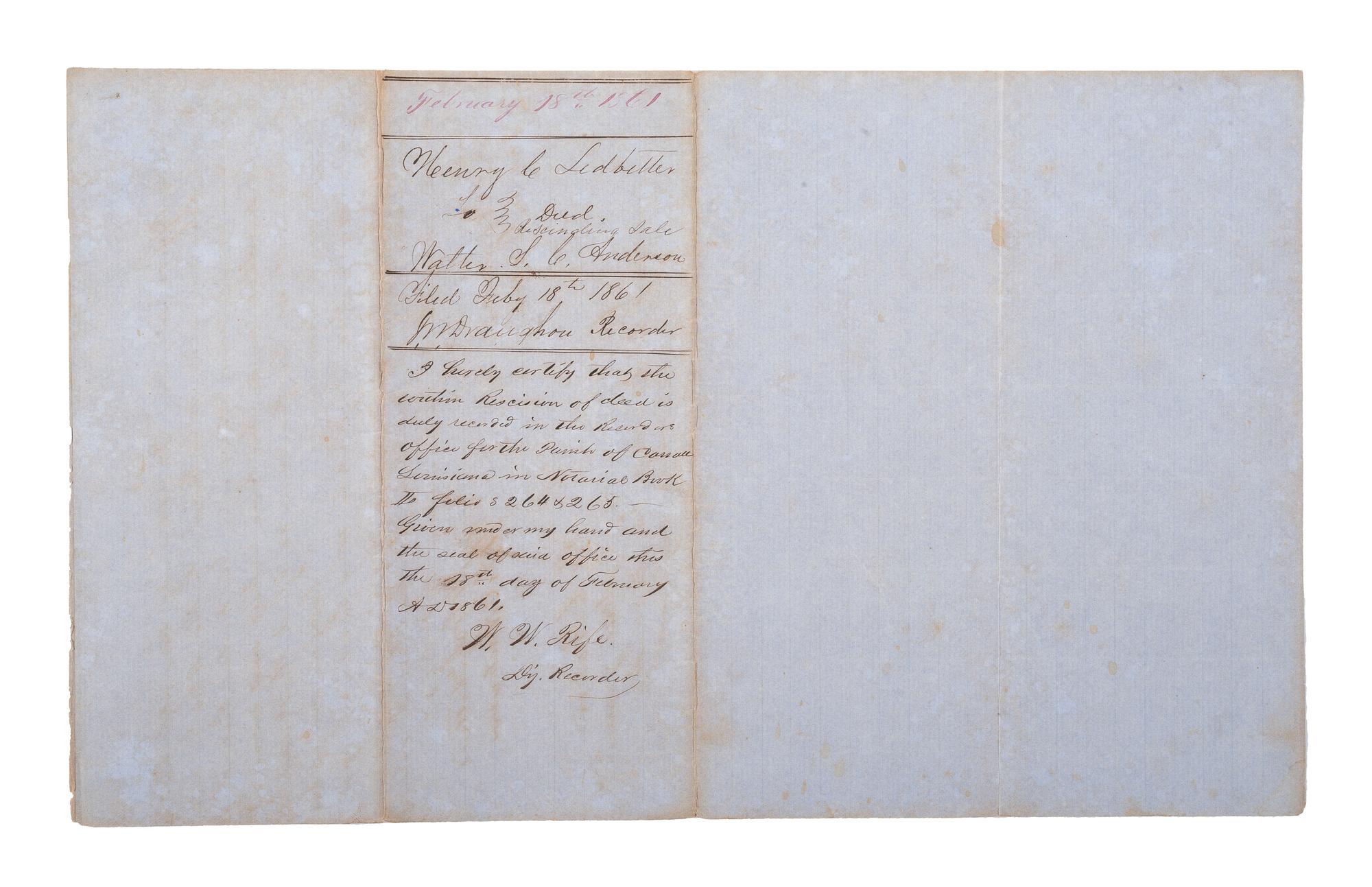 [SLAVERY & ABOLITION]. Manuscript bill of sale for enslaved men Abram, Solomon, and Rufus. Carroll Parish, LA, 18 February 1861.